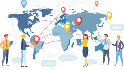 Global business network with people standing around a world map with location pins set at points