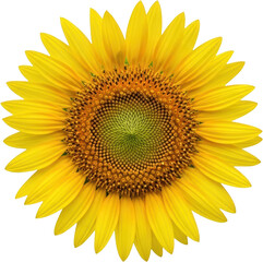 Close up of a bright yellow sunflower head with detailed petals and center transparent background