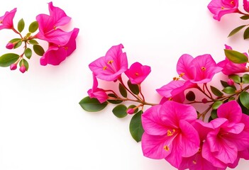 Naklejka premium A minimalist arrangement of fresh pink bougainvillea blooms against a white background, decoration, pink blossom