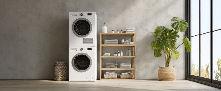 The modern laundry setup featuring a stacked washing machine and dryer unit.