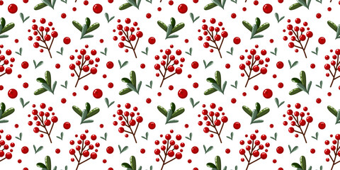 Bright Red Berries and Green Leaves Pattern