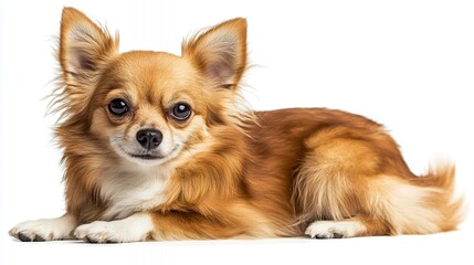 Obraz premium Studio shot of longhaired chihuahua dog lying down on white background