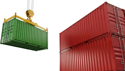 Green shipping container being lifted by crane red containers stacked beside it isolate