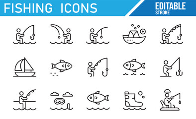 Set of Fishing Icons Featuring Boats, Rods, and Fish for Water Activities