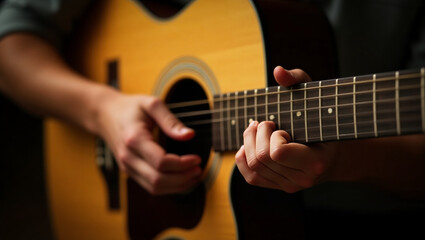 Obraz premium Guitarist hands playing an acoustic guitar, artistic expressive image