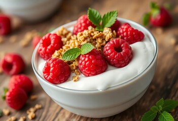Creamy yogurt bowl, vibrant raspberries & crunchy granola topping,   closeup, yogurt bowl
