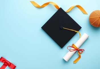 Flat lay of black graduation cap and rolled diploma on light blue background ,  top view, graduation