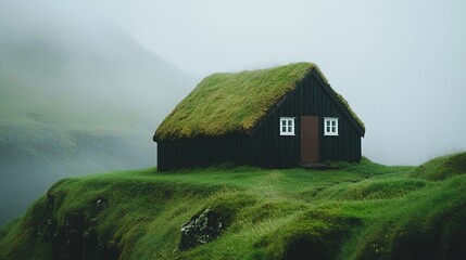 Obraz premium Misty Icelandic turf house on a cliff