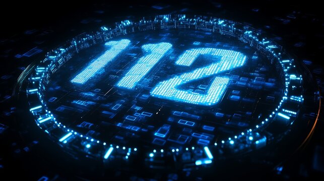 Emergency 112 digital display in a futuristic circuit board background