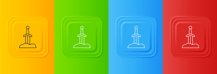 White Sword in the stone icon isolated on colorful background. Excalibur the sword in the stone from the Arthurian legends. Set icons in square buttons. Vector