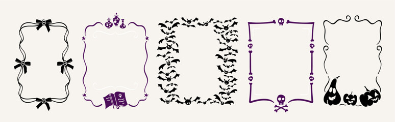Set of hand drawn doodle Halloween frames. Coquette ribbon bows, bats border, witch potions, bones and skulls. Spooky vector graphic decoration for greeting cards, party invitations, posters.