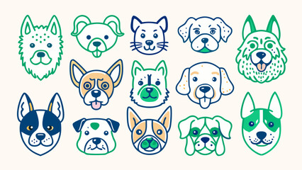 Fototapeta premium Funny Dog Animal Head Icon Cartoon Set - Quirky Colorful Flat Illustration Style
