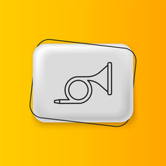 Black Musical instrument trumpet icon isolated on yellow background. Silver rectangle button. Vector