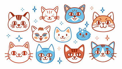 Fototapeta premium Funny Cat Animal Head Cartoon Set - Colorful Flat Illustration Style