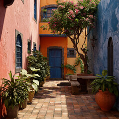 Naklejka premium Canarian courtyard, street in the old town of crete greece