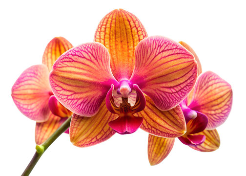 Vibrant orange and pink orchid flowers are blooming, isolated on transparent background