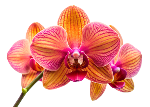 Vibrant orange and pink orchid flowers are blooming, isolated on transparent background