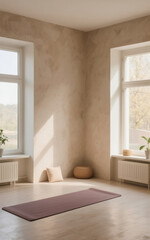 Mini yoga studio at home, minimalist interior, soft morning light, clay texture