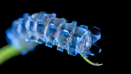 Exploring soft robotics: a close up of a translucent robot crawling on a plant stem