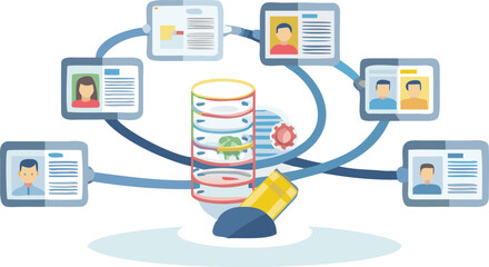 Illustration of a database server connected to multiple user profiles through blue lines