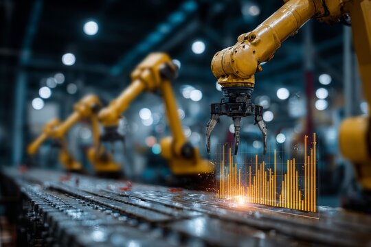 Digital screens and robots in chinese factory signal economic strength. Market trends. China's economic expansion continues despite challenges from us tariffs. Gdp data. Trade metrics.