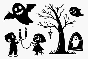 ghostly figures silhouette, Cute and Spooky Halloween Ghost Silhouettes – Vector Cartoon Illustration Set