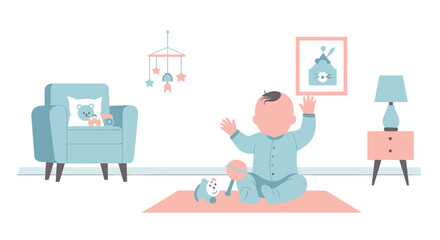 Adorable Baby Playing With Toys In Nursery Filled With Soft Colors And Decorations