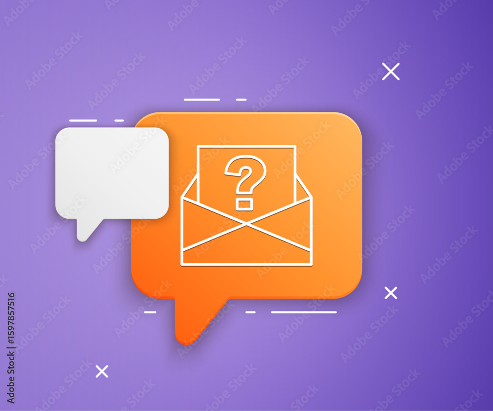 Poster white envelope with question mark icon isolated on purple background. letter with question mark symb