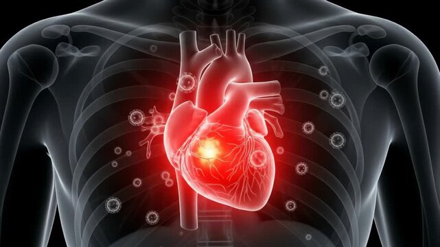 Medical 3D animation illustrating a painful heart infection from viral particles spreading throughout the human chest cavity