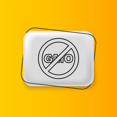 Black No GMO icon isolated on yellow background. Genetically modified organism acronym. Dna food modification. Silver rectangle button. Vector