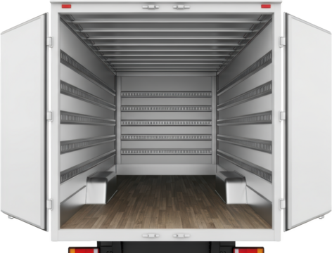 Open empty white box truck interior with wooden floor and metal rails cargo transparent background
