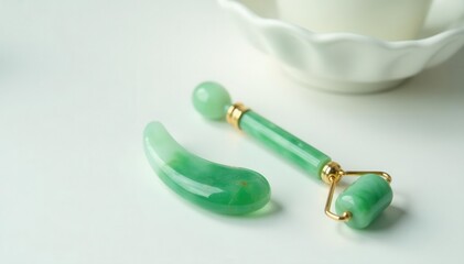 Elegant jade roller & gua sha set, white backdrop, zen, facial massage, healthy skin