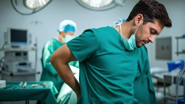 Doctor experiencing back pain in operating room
