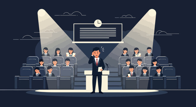 Anxious Speaker Addressing Audience On Stage In Presentation Or Conference