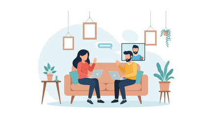 Couple Enjoying Virtual Meeting From Home Sofa With Friend Online Chatting