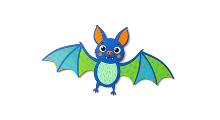 Fototapeta premium Illustration of a cartoon bat with blue body and colorful wings on a white background isolated
