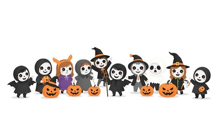 Fototapeta premium Cartoon halloween characters in costumes with pumpkins on a white isolated background illustration