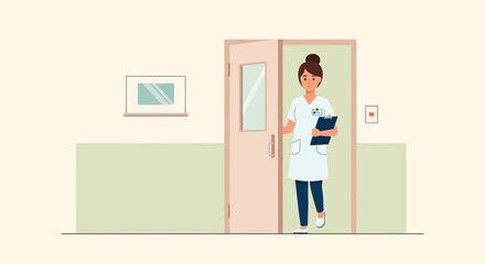 Fototapeta premium Attending Physician Entering Hospital Room With Clipboard Medical Professionalism