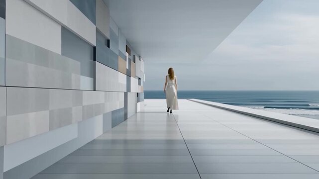 woman walks to an empty sea beach on white tiled floor along large wall. wall is made of multi-colored bricks and has futuristic design. sea is calm. concept dream of loneliness and peace