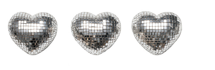 3 silver disco ball-shaped heart forms, front view, white background, png, transparent