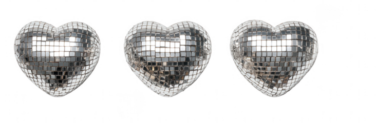 3 silver disco ball-shaped heart forms, front view, white background, png, transparent