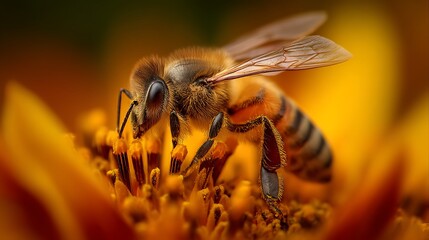 Detailed macro shot showing a bee collecting pollen from a flower's stamen