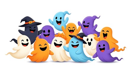 Naklejka premium A group of cartoon ghosts in various colors with happy expressions on a white isolated background