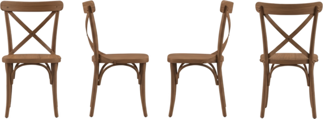 Four wooden bistro chairs displayed from front and side profiles isolated transparent background