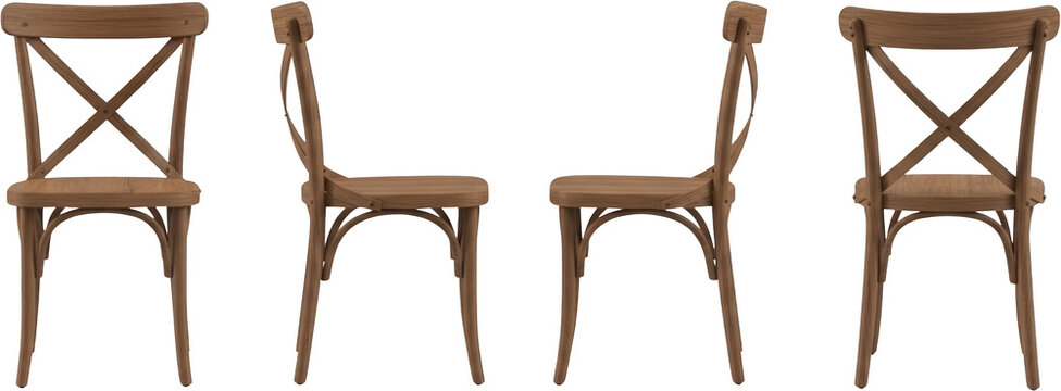 Four wooden bistro chairs displayed from front and side profiles isolated transparent background