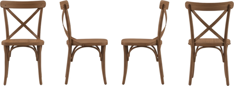 Four wooden bistro chairs displayed from front and side profiles isolated transparent background