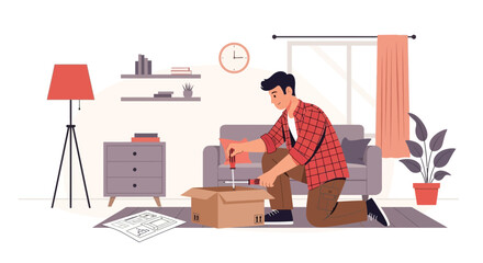 Fototapeta premium Man Assembling Furniture At Home Doing Handyman Repair Using Screwdriver