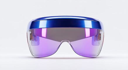 Futuristic VR glasses, vibrant purple lenses, and glossy blue frame