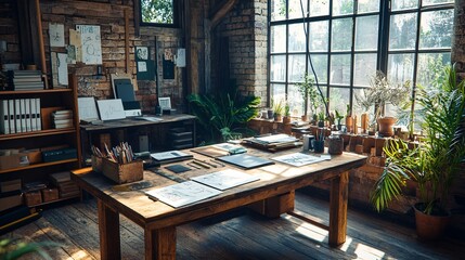 creative loft office interior with design tools and sketches on table, natural textures, motivational workspace, high-resolution detail, wide-angle lens