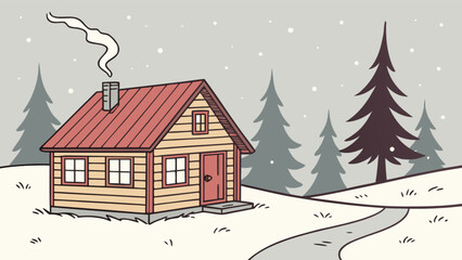 Naklejka premium Winter cabin scene vector illustration with snow covered trees and cozy house landscape drawing design